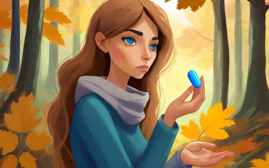 Grieving woman in a forest holding a blue pill. Autum leaves in the background